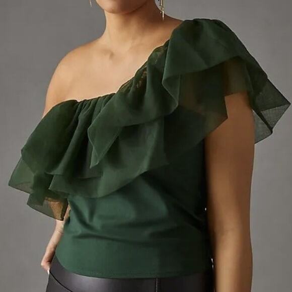 Anthropologie Sunday in Brooklyn One Ruffle Off Shoulder Crop Top Green M - Picture 2 of 6